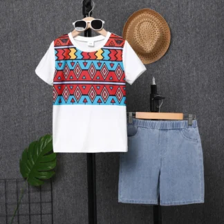 2pcs Kid Boy Bohemia Ethnic Pattern Top and Denim Pant Set
