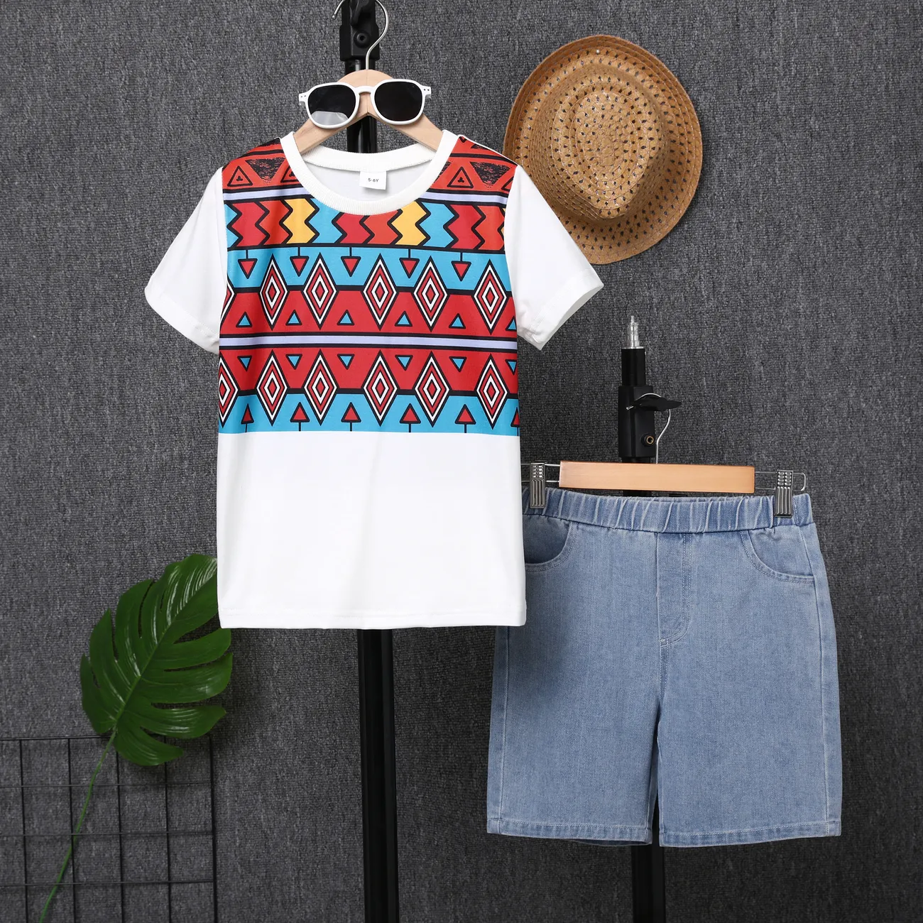 2pcs Kid Boy Bohemia Ethnic Pattern Top and Denim Pant Set