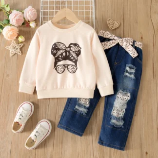 2pcs Toddler Girl Trendy Patchwork Ripped Denim Jeans and Figure Print Sweatshirt Set