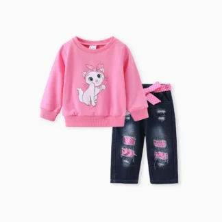 3PCS Baby Girl Childlike Cat Pattern Distressed Patchwork Denim Jean sets