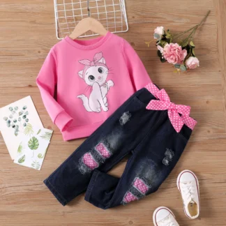 3PCS Toddler Girl Childlike Cat Pattern Distressed Patchwork Denim Jean set