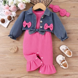 3pcs Baby Girl Sweet Solid Color 3D Butterfly Bow Denim Jumpsuit Set