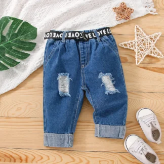Baby Boy/Girl Belted Roll Up Hem Ripped Denim Jeans