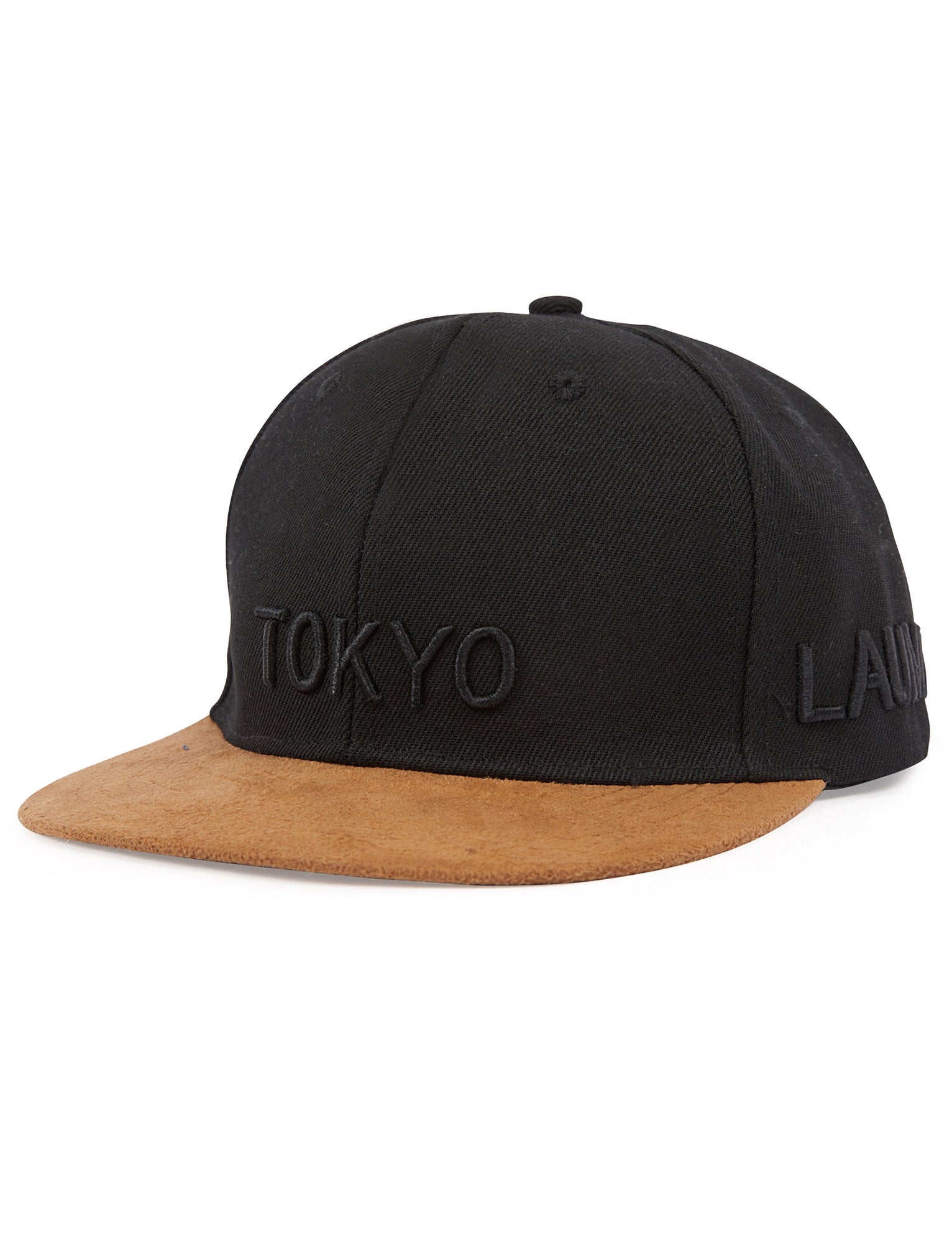 Caps Myshkin Flat-Peak Snapback Baseball Cap with Faux Suede Peak in Black Denim / One Size - Tokyo Laundry