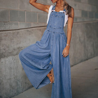 Deep Blue Sleeveless Buttons Convertible Denim Wide Summer Playsuit