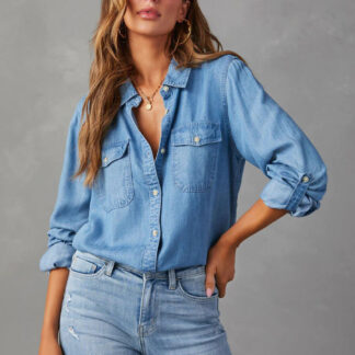 Denim Blouse For Women Turndown Collar Flap Pockets Daily Tops