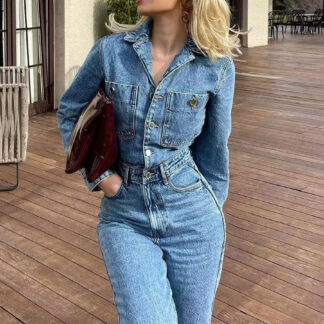 Denim Jumpsuit Pleated Neck Front Button Straight Solid Color Playsuit