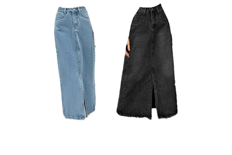High Waisted A-Line Denim Maxi Skirt - Black Or Blue | Wowcher