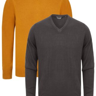 Jumpers Marling (2 Pack) Soft Cashmillon Knitted V Neck Jumpers in Ebony Grey / Mustard - Kensington Eastside / M - Tokyo Laundry