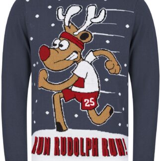 Jumpers Men's Run Rudolph Run Motif Novelty Christmas Jumper in Denim Marl - Merry Christmas / XXL - Tokyo Laundry