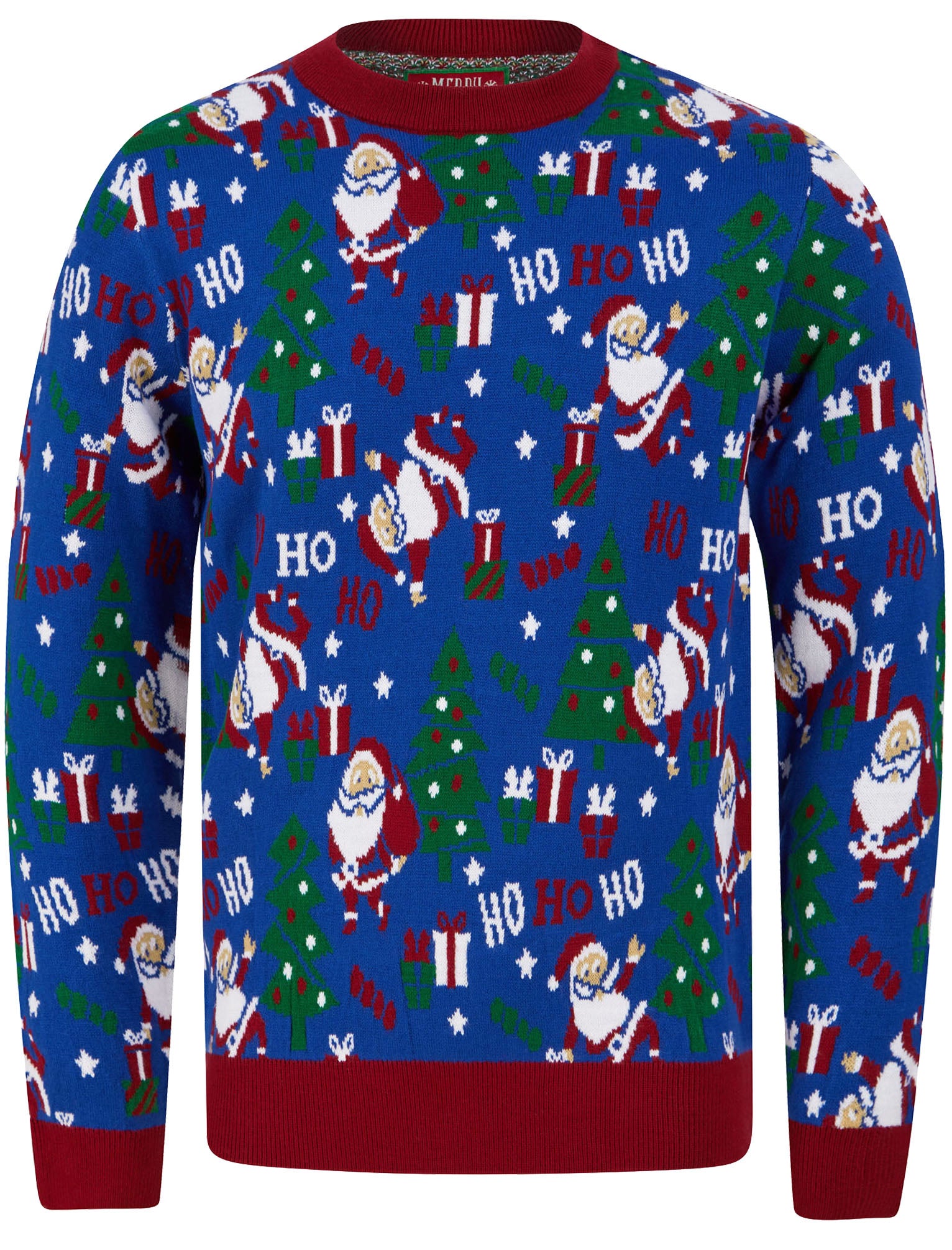 Jumpers Santa Repeat Motif Novelty Christmas Jumper in Sapphire Blue - Merry Christmas / S - Tokyo Laundry