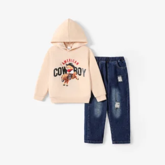 Kid Boy Bear Print Hooded Sweatshirt and Denim Pants Set