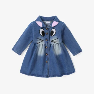 Kid Girl Childlike Cat Print Lapel Denim Dress