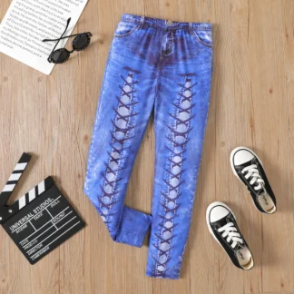 Kid Girl Lace-up Pattern Print Elasticized Skinny Pants Leggings(Not Denim Leggings )