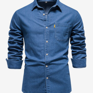 Men's Casual Solid Color Long-Sleeved Shirt Slim Fit Denim Shirt