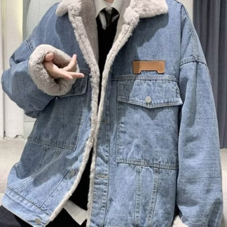 Men's Demin Jackets Pockets Faux Fur Collar Winter Coats