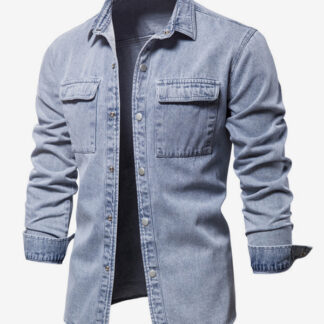 Men's Denim Shirt Top Casual Lapel Denim Shirt with Pockets