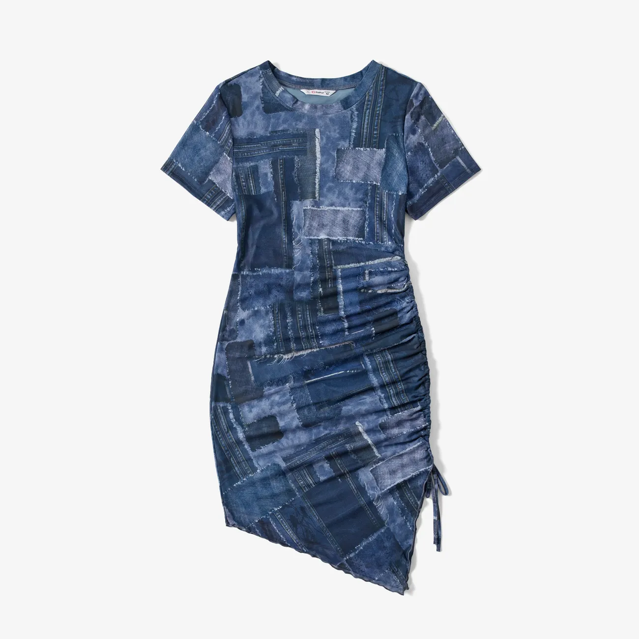 Mommy and Me Denim Patchwork Mesh Printed Ruched Drawstring Dress