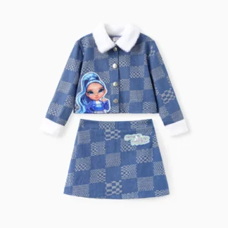 Rainbow High Toddler/Kid Girl 2pcs Skylar Plush Lapel Collar Denim Grid Jacket And Skirt Set