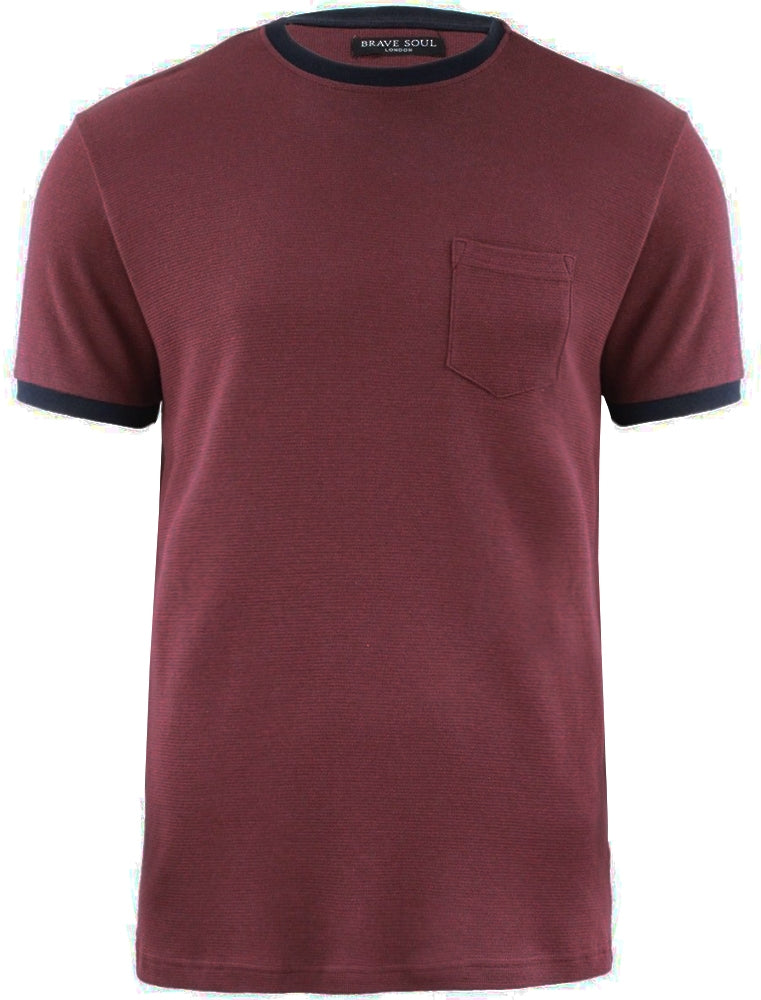 T-Shirts Dunne Textured Crew Neck Ringer T-Shirt with Chest Pocket in Oxblood / S - Tokyo Laundry