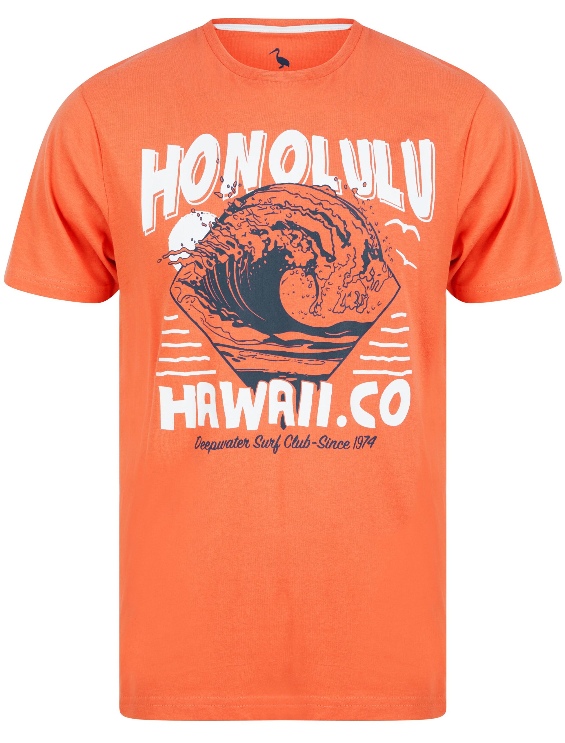 T-Shirts Honolulu Motif Cotton Jersey T-Shirt in Burnt Sienna Red - South Shore / S - Tokyo Laundry