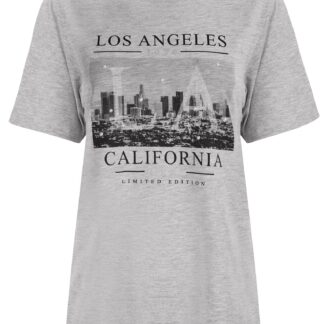 T-Shirts LTD LA Motif Cotton T-Shirt With Pearl Embellishments in Light Grey Marl - Weekend Vibes / 14/L - Tokyo Laundry