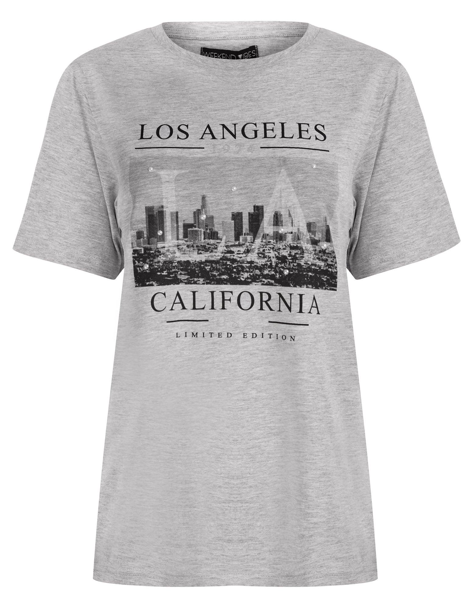 T-Shirts LTD LA Motif Cotton T-Shirt With Pearl Embellishments in Light Grey Marl - Weekend Vibes / 14/L - Tokyo Laundry