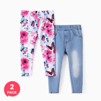 Toddler/Kid Girl 2pcs Floral Print Leggings &Solid Denim Jeans Set
