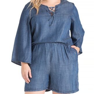 standards & practices Plus Bell Sleeve Lace Up Denim Romper