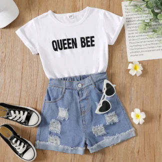 2pcs Kid Girl Letter Print Short-sleeve White Tee and Ripped Denim Shorts Set