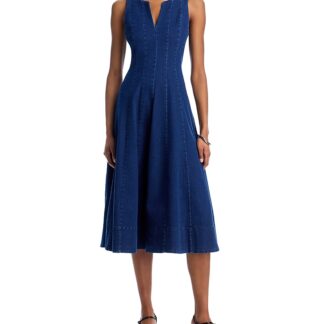 Aqua Denim Panel V Neck Sleeveless Midi Dress - Exclusive