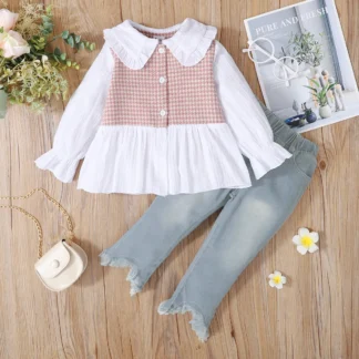 2-piece Toddler Girl Doll Collar Tweed Splice Long-sleeve Top and Ripped Hem Denim Jeans Set