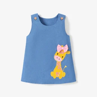 Baby Girl Giraffe Bowknot Solid Blue Denim Tank Dress