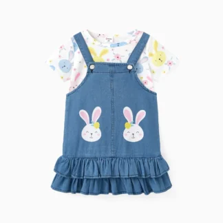 Easter Toddler Girl 2pcs Rabbit Print Tee with Denim Overalls Dress Set