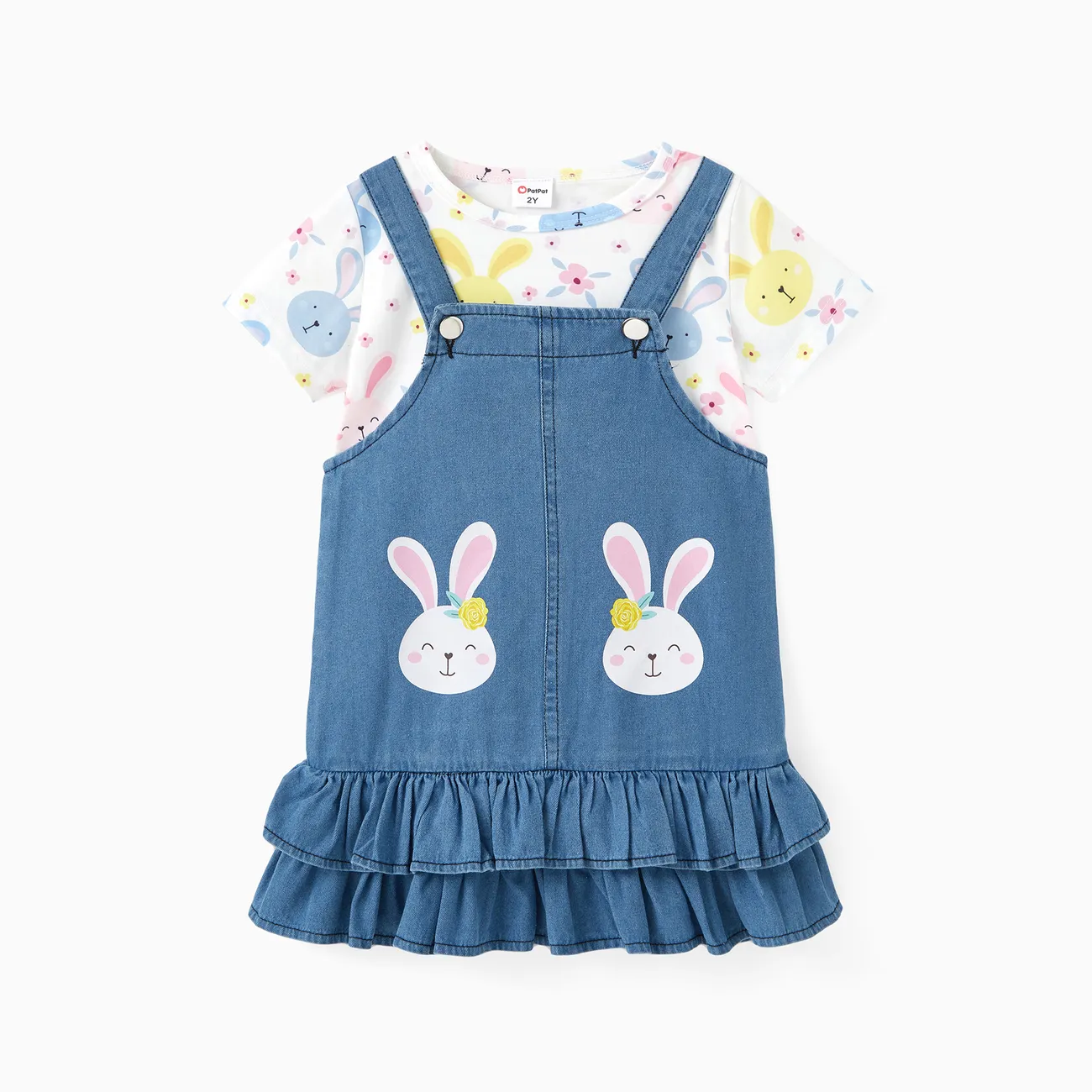 Easter Toddler Girl 2pcs Rabbit Print Tee with Denim Overalls Dress Set