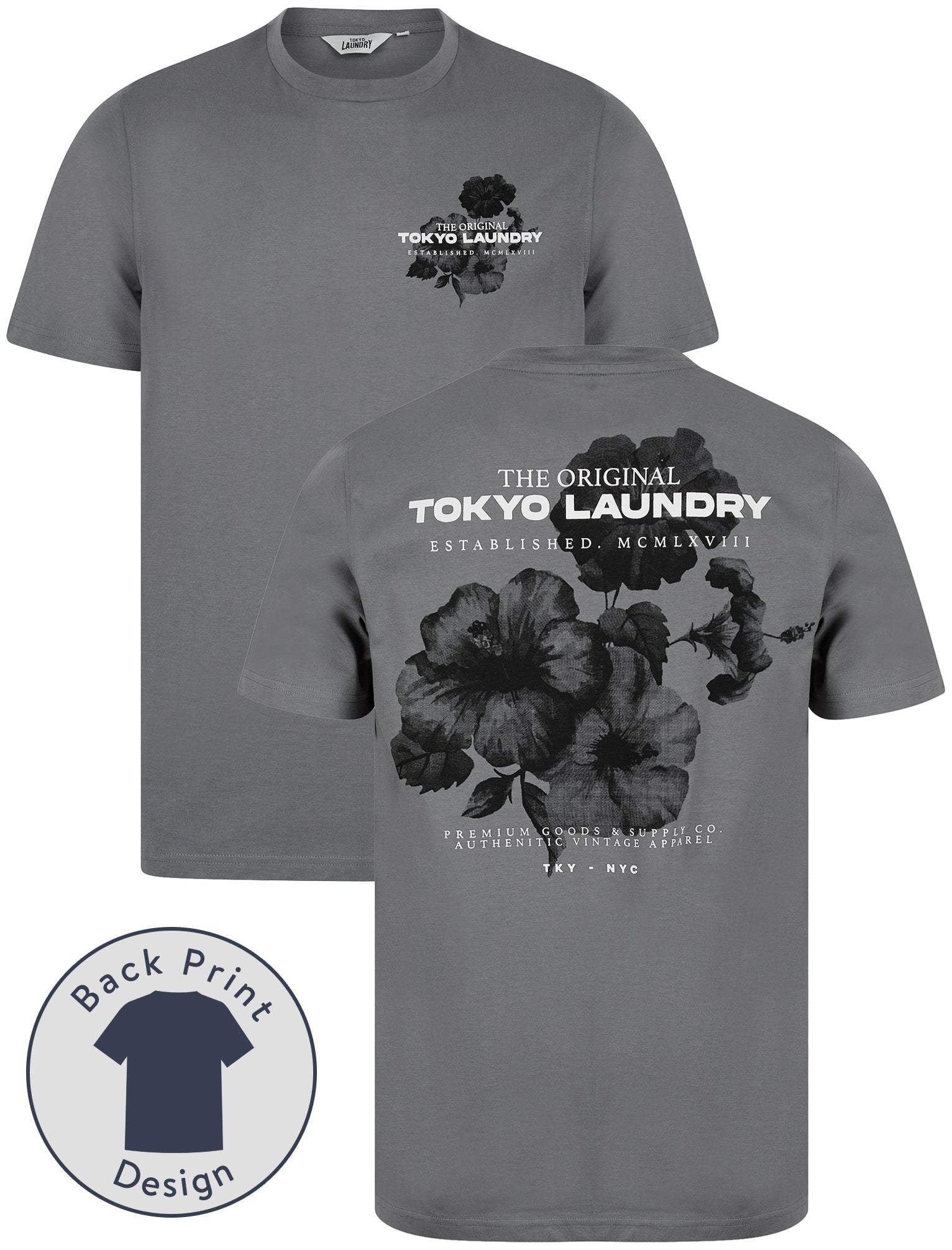 T-Shirts Redact Vintage Retro Reverse Print Cotton Jersey T-Shirt in Quiet Shade Grey / S - Tokyo Laundry