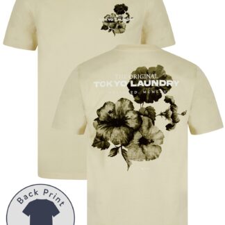 T-Shirts Redact Vintage Retro Reverse Print Cotton Jersey T-Shirt in Summer Sand / S - Tokyo Laundry