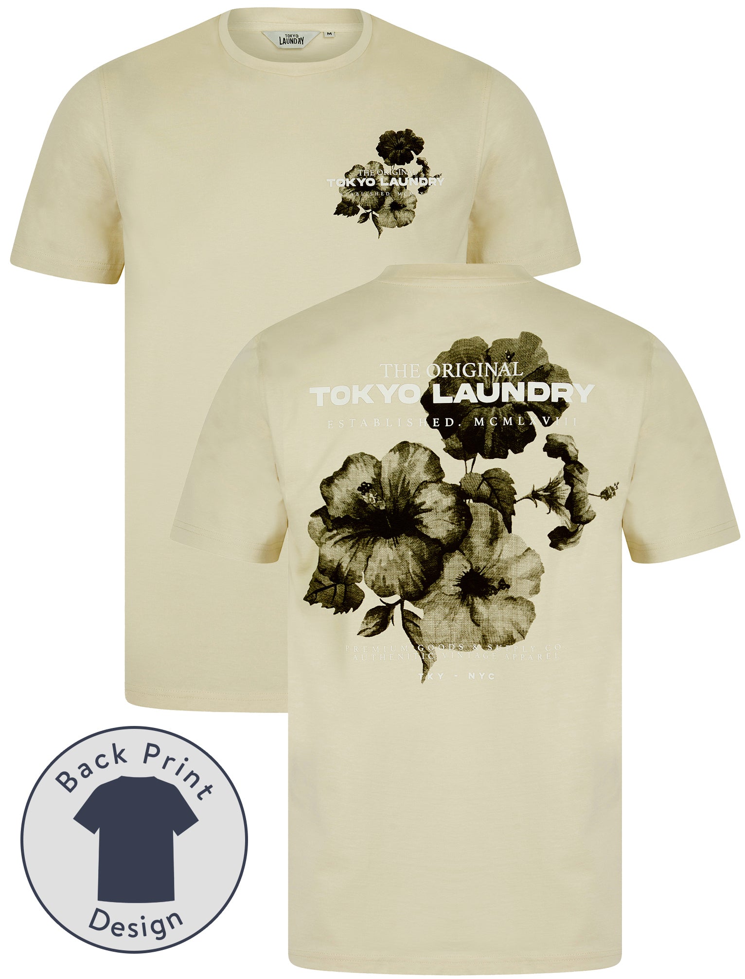 T-Shirts Redact Vintage Retro Reverse Print Cotton Jersey T-Shirt in Summer Sand / S - Tokyo Laundry