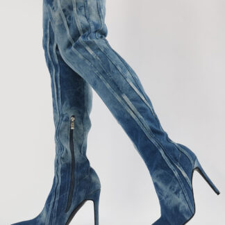 Denim Thigh High Boots Blue Pointed Toe Striped High Heel Over The Knee Boots