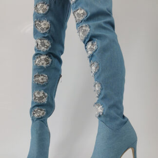 High Heel Thigh High Boots Denim Pointed Toe Lace Detail Over The Knee Boots