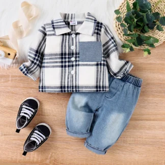 2pcs Baby Boy Patch Pocket Long-sleeve Plaid Shirt and Denim Jeans Set