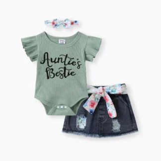 3pcs Baby Girl 100% Cotton Belted Ripped Denim Skirt and Letter Print Ribbed Flutter-sleeve Romper & Headband Set