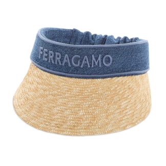 Ferragamo Denim & Raffia Logo Visor