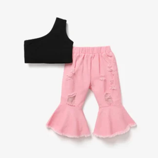 2pcs Baby Girl 100% Cotton Ripped Denim Flare-sleeve Jeans and One Shoulder Crop Tank Top Set