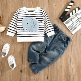 2pcs Baby Boy 95% Cotton Long-sleeve Elephant Embroidered Striped Sweatshirt & Denim Jeans Set