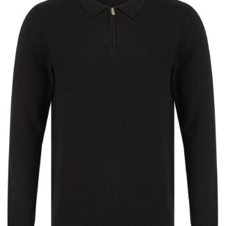 Jumpers Kemper Long Sleeve Knitted Cotton Textured Basket Weave Polo Shirt with Zip Fasten Collar in Black - Kensington Eastside / XL - Tokyo Laundry