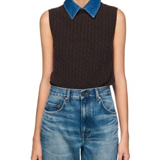 Sandro Denim Collar Cable Knit Sweater