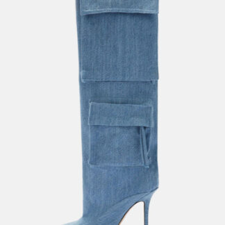 denim knee high boots with pockets