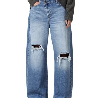 Allsaints Aki Crossover High Rise Wide Leg Jeans in Light Indigo
