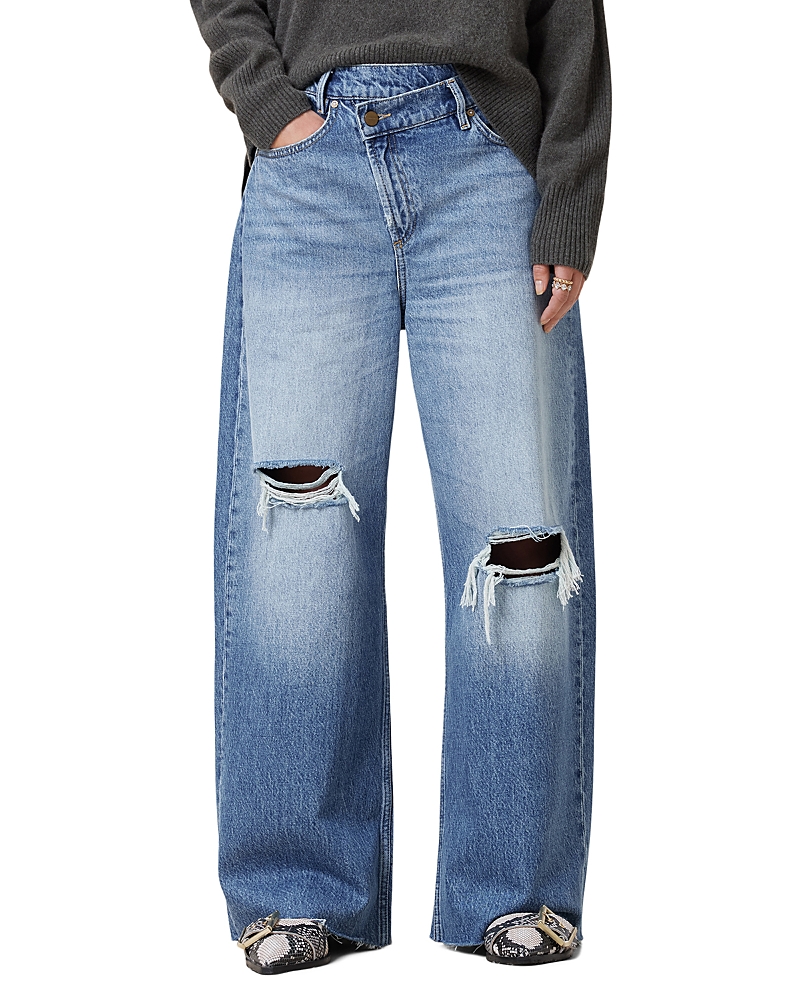Allsaints Aki Crossover High Rise Wide Leg Jeans in Light Indigo